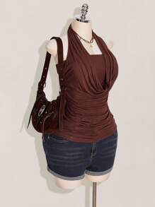 SHEIN ICON 加大码 2 件西方女性外出夏季波西米亚风挂脖棕色露背女式背心和吊带背心