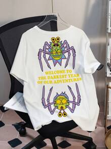 Rick and Morty X SHEIN Áo thun nam tay ngắn dáng rộng in hình hoạt hình vui nhộn và khẩu hiệu phong cách đường phố, mùa hè, Halloween - trắng - Xem 2