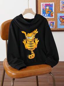 GARFIELD | SHEIN 男童卡通图案黑色休闲口袋卫衣，适合春秋冬季穿着 - 黑色 - 查看 5