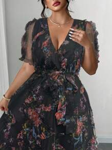 Auvina 女式 V 领提花泡泡袖系腰优雅连衣裙，春夏 - 彩色 - 查看 4