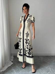 Elenzga 女士修身印花夏装 - 杏色 - 查看 1