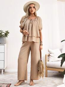 SHEIN 纯色休闲方领系带两件套孕妇哺乳长裤