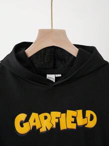 GARFIELD | SHEIN 男童卡通图案黑色休闲口袋卫衣，适合春秋冬季穿着 - 黑色 - 查看 3