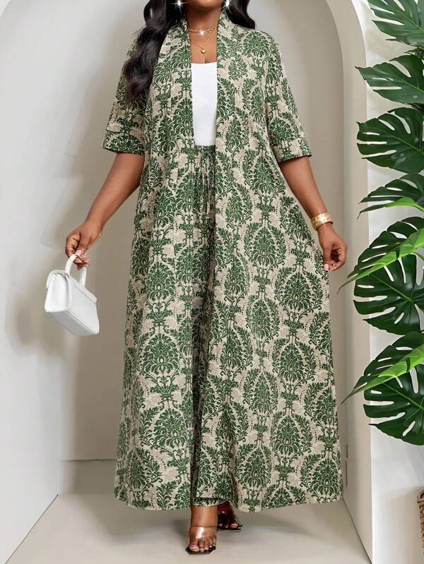 SHEIN Lady Ensemble de deux pièces pour femmes, un cardigan vert tricoté avec col boho, manches trois-quarts droites, nœud à l'avant, convenant pour les sorties décontractées au printemps, en été et en automne