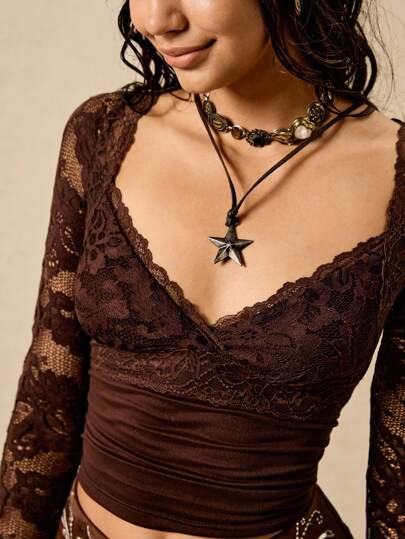 Easelle Vintage Western Cowgirl  Corset Brown Knit Women's Montage Lace-Trim Fitted T-Shirt Fall Winter Women Clothes