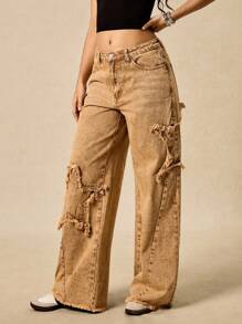 Easelle Pantalon à étoile à cinq branches, bord brut, style rétro décontracté pour l'été - Camel - Voir 7
