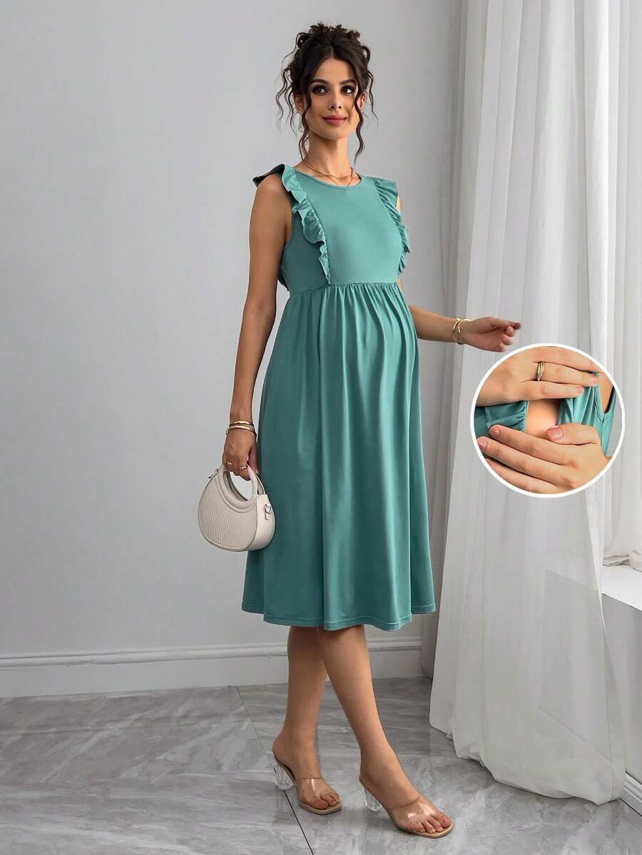 Momance Vestido informal de enfermería con cremallera y volantes de unicolor para mujeres embarazadas