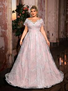 Glamrae Gaun Pengantin/Prom Musim Semi Elegan Ukuran Plus Warna Merah Muda Pucat, Bordir Jala, Leher Perahu, Aplikasi Tulang Ikan, Rok Berlipit Mengembang dengan Ekor untuk Pengantin - Putih - View 3