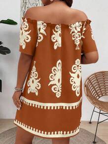 EMERY ROSE 大码复古印花露肩休闲度假中长连衣裙 - 棕色 - 查看 2