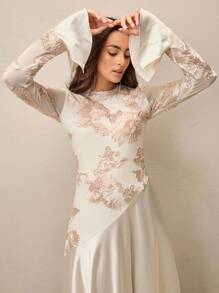 优雅修身圆领长袖女式长裙 - 香檳色 - 查看 6