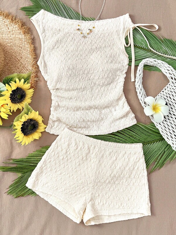 SHEIN Teen Girls 2 Pieces Set: Beige Knit Puff Sleeve Asymmetrical Neck Top With Tie Waist And Mini Shorts, Suitable For Party, Urban Street, Road Trip, Summer Beach Holiday Summer Clothes Set Two Piece Set Summer Set White Summer Set