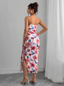 SHEIN Maternity Floral Print V-Neck Ruched Bodycon Elegant Dress - Burgundy - View 2