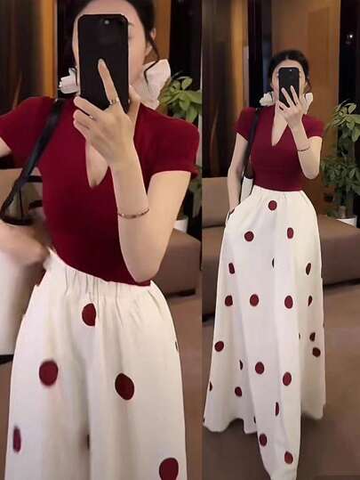 Chiquease 女士浪漫优雅通勤婚礼宾客外出生日商务休闲海滩波西米亚风晚礼服老钱情人节约会派对性感春夏秋季 2 件亲肤柔软舒适红色波尔卡圆点休闲旅行口袋短袖 V 领 T 恤和裙子套装