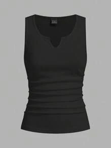 Slaydiva 2pcs Women Casual Notched Neck Ruched Tight Ribbed Fabric Tank Top Set, Suitable For Summer Back To School - Multicolor - View 5