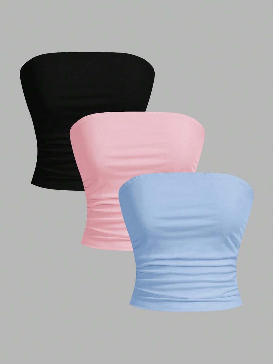 SHEIN EZwear 3件套女士休闲褶皱露脐吊带背心套装 - 彩色 - 查看 1