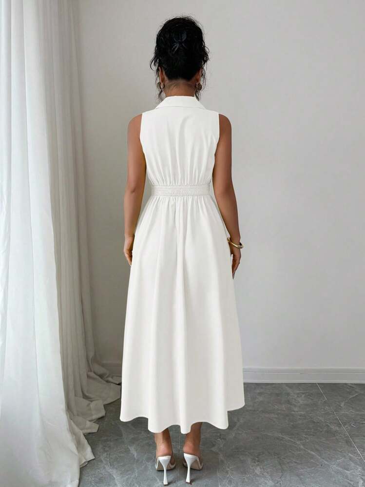 Elenzga Elegant Casual Sleeveless Turndown Collar Button Up Dress For Women - White - View 2