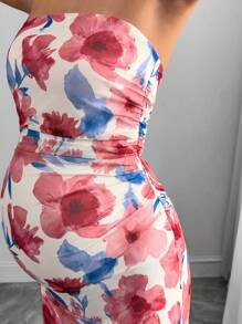 SHEIN Maternity Floral Print V-Neck Ruched Bodycon Elegant Dress - Burgundy - View 7