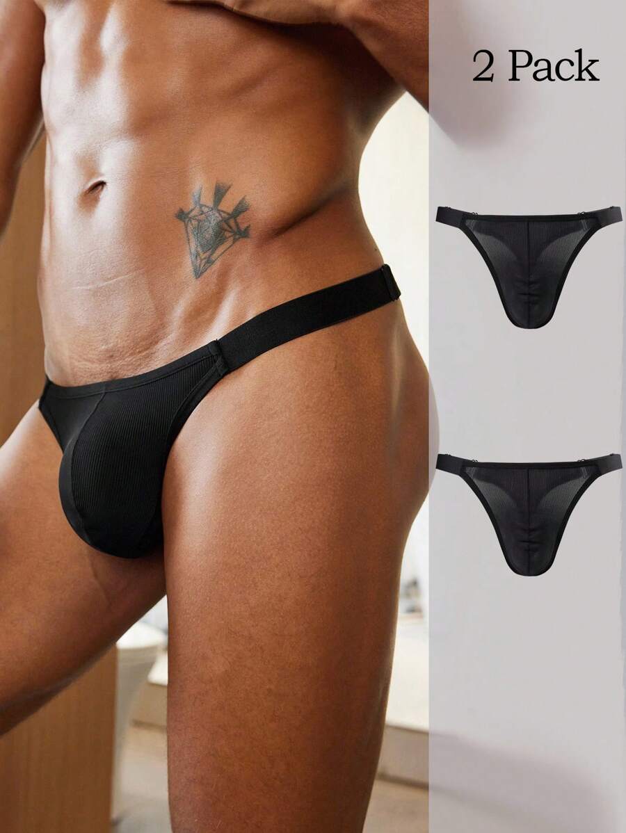 SHEIN 2 Pcs Men Solid Color Ribbed Pattern Thong Underwear Set