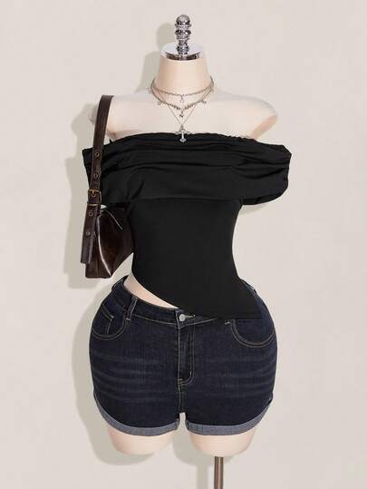 SHEIN ICON 大码女式休闲露肩不对称下摆针织毛衣上衣，Y2K 风格，适合毕业季、返校季、暑假