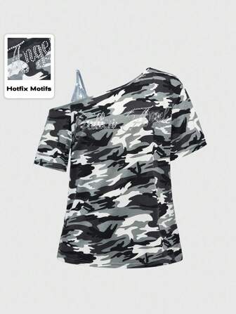 Grunge Punk Damen Gothic Wings Camouflage Muster mit Strass verziertes schräg geschnittenes schulterfreies 2-in-1 T-Shirt