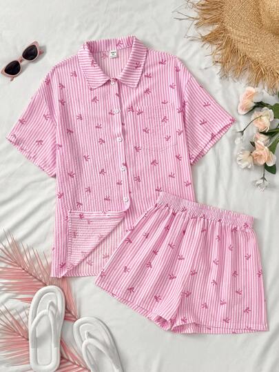 SHEIN Tonårsflickor 2 st/set Casual Dagligt Elegant Randigt Mönster Söt Rosa Rosett Randig Skjorta Och Resårshorts Set, Hemmafritid, Gatufotografering, Tillbaka till skolan