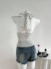 Elamini 黑白圆点露背收腰吊带上衣，优雅度假海滩甜美可爱休闲约会百搭女士夏季 - 白色 - 查看 5