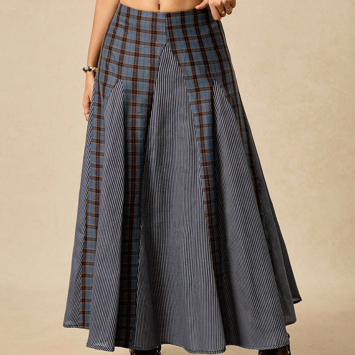 Women 2025 Early Autumn Plaid Skirt Multi-Layer Long All-Match Casual Retro Flared Skirt Patchwork Striped Retro Plaid Boho Western Women 2025 Early Autumn Plaid Skirt Multi-Layer Long All-Match Casual Retro Flared Skirt Patchwork Striped Retro Plaid Boho Western