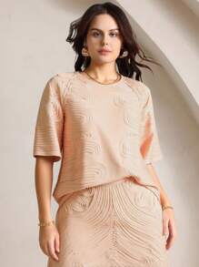 Anewsta Plus Size New Tang Dynasty Style Embroidered Round Neck Short Sleeve Elegant Urban Top, Suitable For Summer, Casual, Holiday, Beach, Elegant, Party - Champagne - View 1