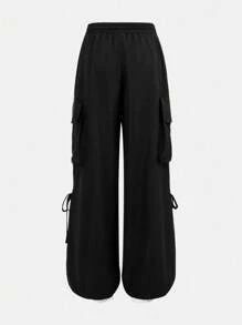 Girlism 青少年女孩黑色梭织纯色街头美式休闲抽绳工装裤，宽松舒适直筒阔腿裤，适合春夏秋季、返校季