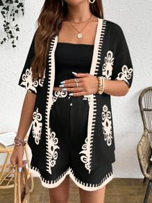 SHEIN Maternity Casual Contrast Color Jacket And Shorts Loose Suit - Black - View 4