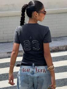 DAZY 女式夏季流苏下摆徽标修身圆领牛仔上衣 - 黑色 - 查看 1