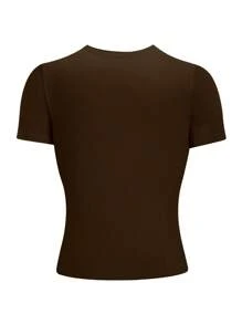 INAWLY Tee-shirt ajusté col rond couleur café grande taille pour femmes - Marron - Voir 2