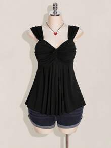 SHEIN ICON 大码女式黑色扭纹前部无袖娃娃裙针织上衣，Y2K 风格，适合毕业、返校、夏季 - 黑色 - 查看 3