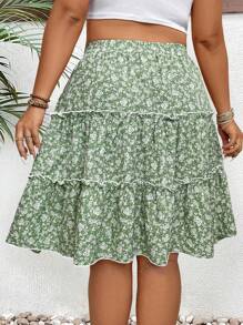 SHEIN Clasi 大码女式碎花松紧腰夏季休闲半身裙 - 綠色 - 查看 2