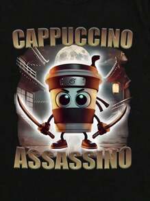 Camiseta divertida italiana "Cappuccino Assassin", camiseta de cuello redondo para hombres con estampado de meme de café - Negro - Ver 3
