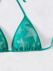 SHEIN Swim 女式夏季海滩度假水钻吊带露背系带比基尼上衣 - 綠色 - 查看 4