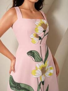 Anewsta Plus Size Women Luxury Vacation Style Spaghetti Strap Sexy Backless Pearl Flower Pattern Gown, Party Dress