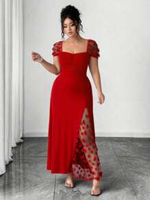 SHEIN PETITE Elegant Square Neck Ruffle Hem Split Hem Dress For Women, Summer - Red - View 3