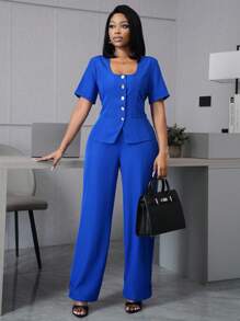 SHEIN Unity 女士纯色简约直筒裤，适合通勤 - 寶藍色 - 查看 4