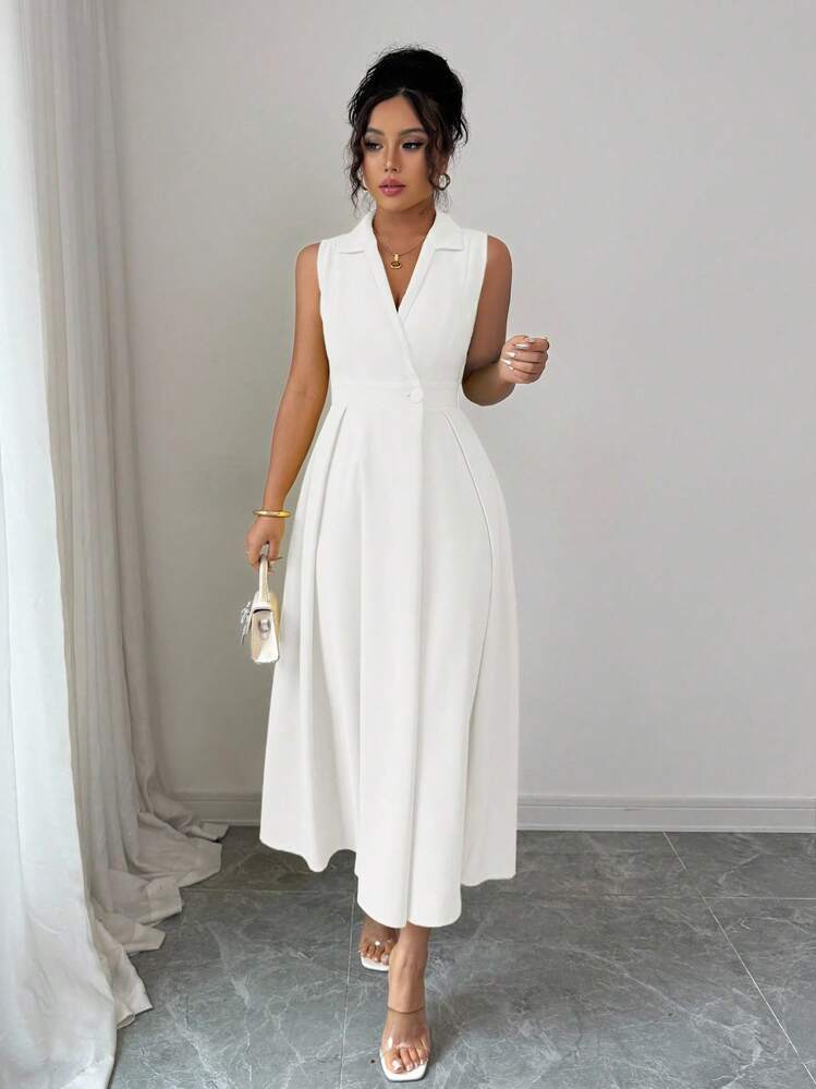 Elenzga Elegant Casual Sleeveless Turndown Collar Button Up Dress For Women - White - View 5