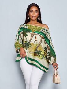 SOLERSUN 女式夏季度假风格不对称领口复古日落假日印花蝙蝠袖不对称下摆衬衫 - 綠色 - 查看 1