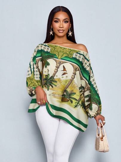 SOLERSUN Women's Summer Vacation Style Asymmetric Neckline Vintage Sunset Holiday Print Batwing Sleeve Asymmetric Hem Blouse