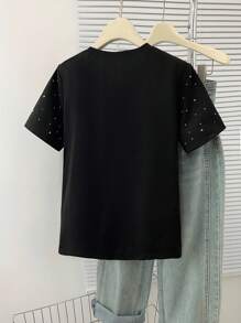 Everyssa 女士休闲纯色水钻装饰圆领短袖 T 恤，适合日常穿着，全新秋季系列 - 黑色 - 查看 2