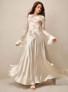 优雅修身圆领长袖女式长裙 - 香檳色 - 查看 5