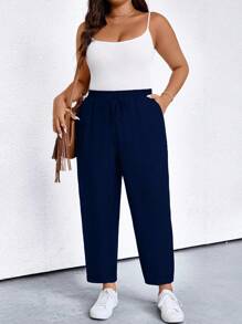 SHEIN PETITE Plus Size Women Casual Loose Solid Drawstring Pants For Outdoor Vacation - Navy Blue - View 4