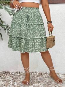 SHEIN Clasi 大码女式碎花松紧腰夏季休闲半身裙 - 綠色 - 查看 4