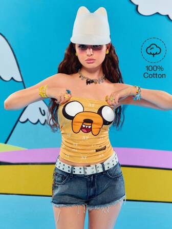 Adventure Time X ROMWE Gerafftes Bandeau-Top für Damen mit Cartoon- und Buchstabenaufdruck
