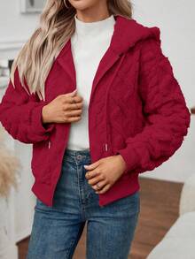 EMERY ROSE Women Casual Solid Color Textured Fleece Hooded Zipper Jacket Fall Winter Cloth For Women - Burgundy - View 4