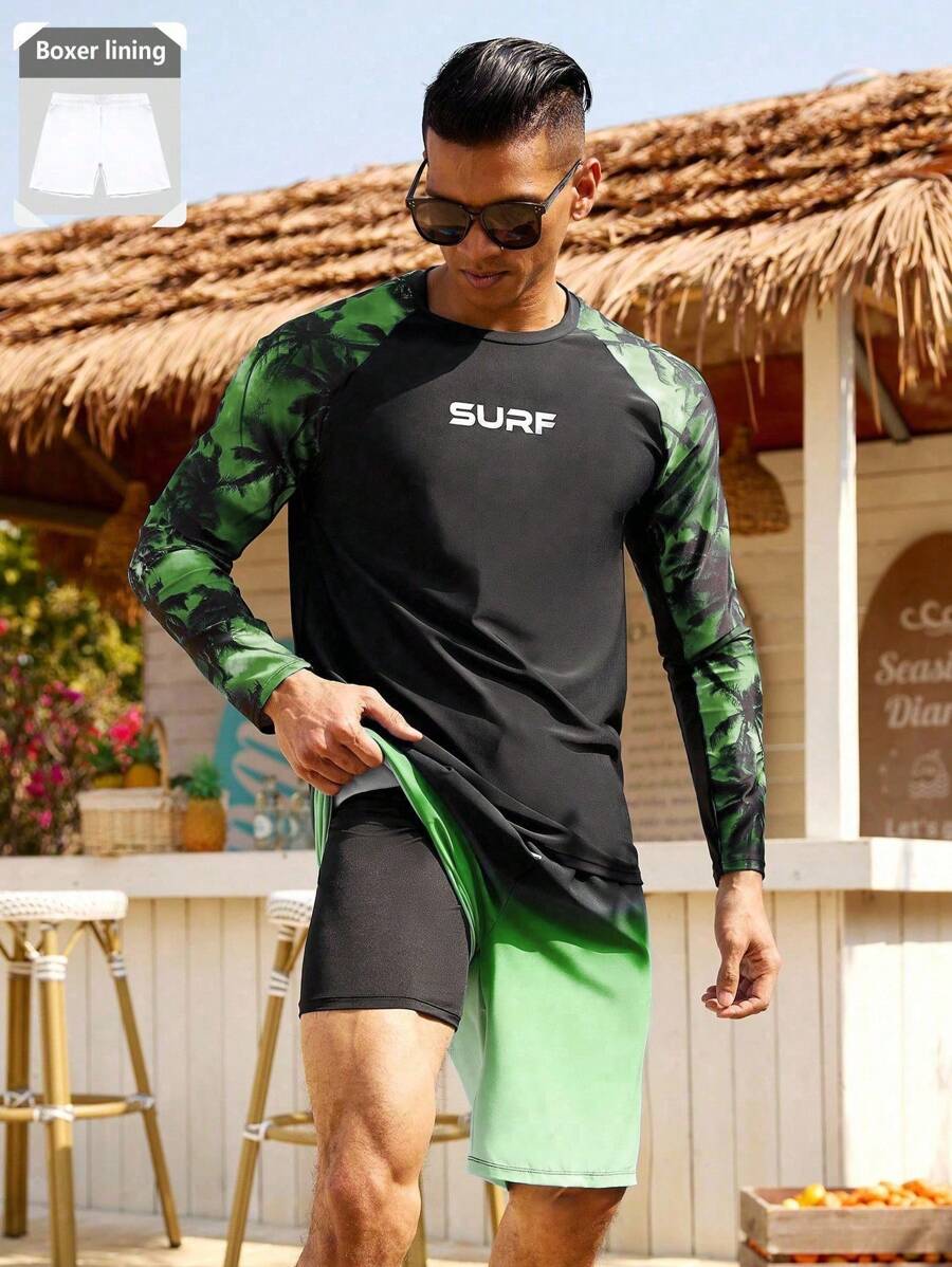 Manfinity Swimmode 2 件套男士字母和棕榈树印花插肩袖泳衣和短裤长袖泳衣男士冲浪服两件套男士泳衣 - 彩色 - 查看 1