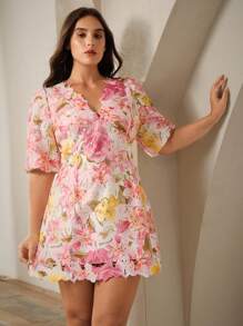 Anewsta Plus Size Women V-Neck Short Puff Sleeve Gathered Waist A-Line Lace Floral Dress, Suitable For Summer, Festival, Holiday, Vacation, Elegant